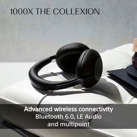 Sony 1000X The Collexion black over-ear wireless headphones resting on a surface, highlighting Bluetooth 6.0 and LE Audio connectivity