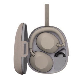 Sony WH1000 Mark 6 Noise Cancelling Bluetooth Headphones in cream sandstone, folded inside matching zip carry case