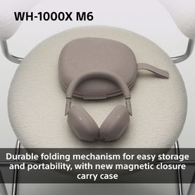 Sony WH1000 Mark 6 Noise Cancelling Bluetooth Headphones in cream, folded with magnetic closure carry case on cushioned surface