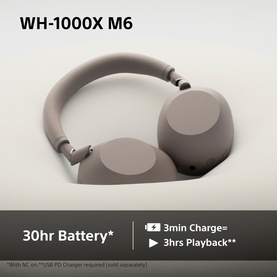Sony WH1000 Mark 6 Noise Cancelling Bluetooth Over Ear Headphones in cream, with 30hr battery and quick charge feature callouts