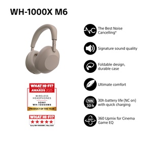 Sony WH1000 Mark 6 Noise Cancelling Bluetooth Over Ear Headphones in cream, shown with key feature icons including 30hr battery and noise cancelling