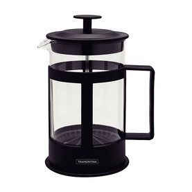 Tramontina Black French Press Coffee Maker with clear glass body, black frame, handle, and plunger lid.