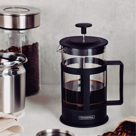 Tramontina Black Coffee Maker with glass carafe and black frame, styled alongside coffee bean jars on a kitchen surface