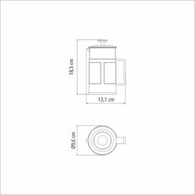 Tramontina Black Coffee Maker technical line drawing showing dimensions: 18.5cm height, 13.1cm width, 9.6cm diameter