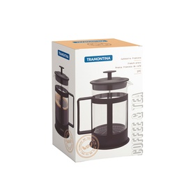 Tramontina black French press coffee maker with glass body and black frame, shown beside its retail packaging box.