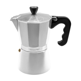 Tramontina silver stovetop coffee maker with black handle and lid knob, octagonal aluminium body