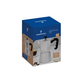 Tramontina Silver Coffee Maker in navy blue packaging box, with product visible through box window, coffee beans detail shown