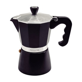 Tramontina black stovetop moka pot coffee maker with silver aluminium top, black handle and knob, octagonal body