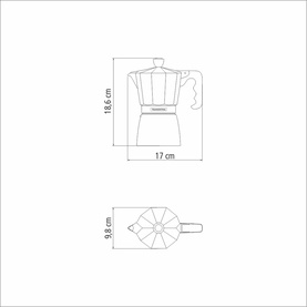 Tramontina Black Coffee Maker technical line drawing showing dimensions: 18.6cm height, 17cm width, with top-view diagram 9.8cm