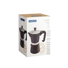 Tramontina Black Coffee Maker shown beside its packaging box, stovetop moka pot style with silver lid and handle detail.