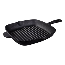 Tramontina Black cast iron square grill pan with ridged cooking surface and single long handle, matte finish