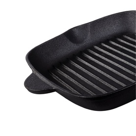 Tramontina black cast iron grill pan with ridged cooking surface and dual side handles, square shape with matte finish.
