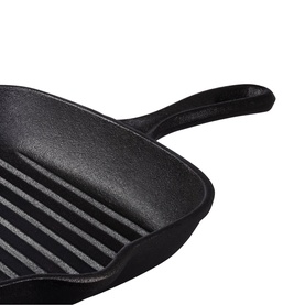 Tramontina black cast iron grill pan with ridged cooking surface and side handle, square shape with helper handle.