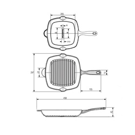 Tramontina Black Grill Pan technical line drawing showing top and side views with dimensions, square ridged cooking surface and long handle.