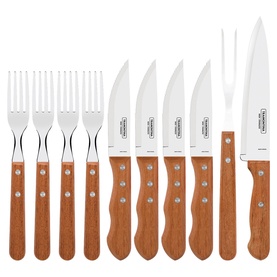 Tramontina Brown Cutlery Set with steak knives, forks, and carving fork with wooden handles, silver blades