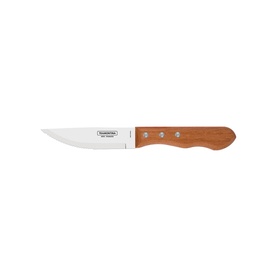 Tramontina brown wooden-handled steak knife with silver rivets and stainless steel blade, isolated on white background.