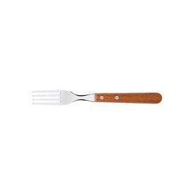 Tramontina stainless steel fork with brown wooden handle and two rivets, shown on white background.