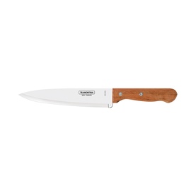 Tramontina brown wooden-handled chef's knife with stainless steel blade, shown against white background.