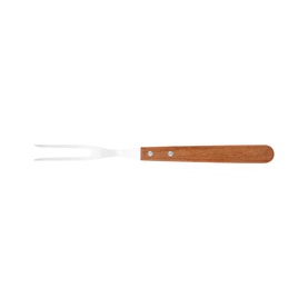 Tramontina brown wooden-handled two-pronged carving fork with stainless steel tines and brass rivets.