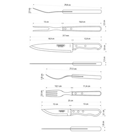 Tramontina Brown Cutlery Set technical diagram showing dimensions of knives, forks, and serving utensils in the kitchenware range