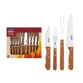Tramontina brown wooden-handled cutlery set with stainless steel blades, including steak knives, fork, and carving utensils, shown with box packaging.