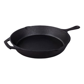 Tramontina cast iron skillet pan in black with a long handle and helper handle, pre-seasoned matte finish