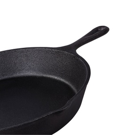 Tramontina cast iron skillet pan in black with long handle and wide cooking surface, shown at an angle