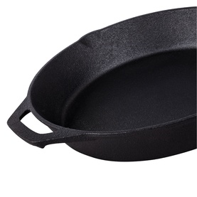 Tramontina cast iron pan in black with dual handles, textured matte finish and deep sided cooking surface