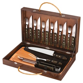 Tramontina brown wooden presentation case with steak knives, forks, chef's knife, and chopping board cutlery set
