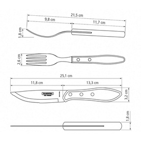Tramontina cutlery set technical diagram showing fork and knife dimensions: fork 21.5cm, knife 25.1cm, in brown with measurement annotations.