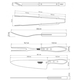 Tramontina kitchenware cutlery technical diagram showing dimensions of knife and tongs in brown, with measurements labelled in centimetres.