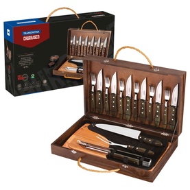 Tramontina Churrasco brown wooden gift case with steak knives, forks, carving tools and chopping board set