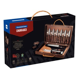 Tramontina Churrasco 21-piece knife set in brown wooden presentation case with rope handle, featuring steak knives and carving tools.