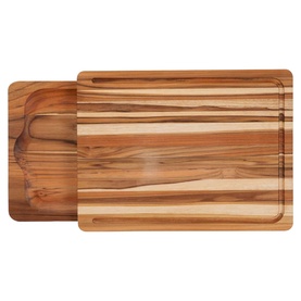 Tramontina Natural Teak Serving Board set of two with carved groove, rounded corners, and striped wood grain finish.