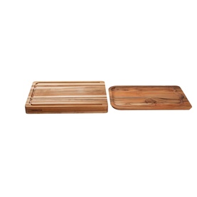Tramontina Natural Teak Serving Board set, two rectangular wooden boards with groove detail, smooth acacia grain finish