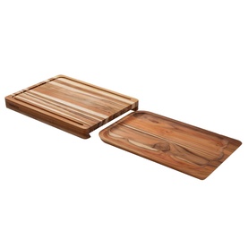 Tramontina Natural Teak Serving Boards set of two, one with ribbed groove detail, one flat, smooth acacia wood finish
