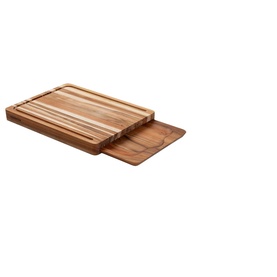 Tramontina Natural Teak serving board with grooved surface and sliding drawer tray, acacia wood grain detail visible