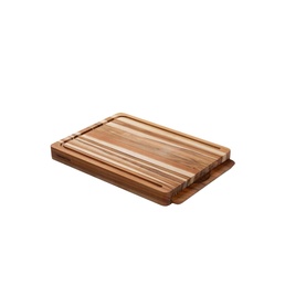 Tramontina Natural Teak serving board with grooved surface, light wood grain stripe detail, and integrated side handles.