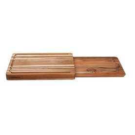 Tramontina Natural Teak serving board with sliding extension panel, juice groove, and striped wood grain detail.