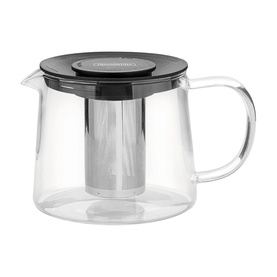 Tramontina clear glass teapot with black lid and stainless steel infuser basket, side handle visible