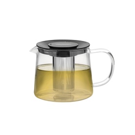 Tramontina clear glass teapot with black lid and built-in mesh infuser, filled with green tea, shown on white background.