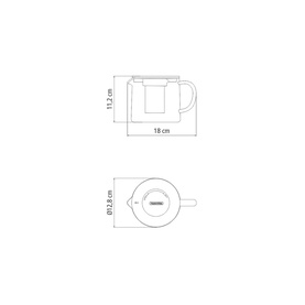 Tramontina clear glass teapot technical dimension drawing showing 18cm width, 11.2cm height and 17.5cm diameter measurements.