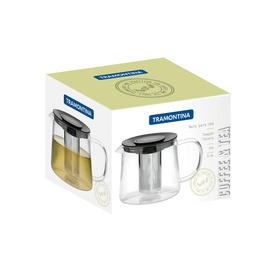 Tramontina clear glass teapot with black lid and steel infuser, shown beside its branded packaging box