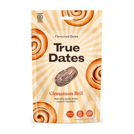 True Dates Cinnamon Roll Flavoured Dates in orange resealable pouch with cinnamon roll illustrations