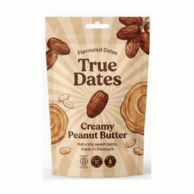 True Dates Creamy Peanut Butter Flavoured Dates in resealable pouch with peanut and date illustrations on kraft-style packaging