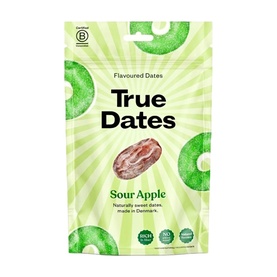 True Dates Sour Apple Flavoured Dates in green resealable pouch with apple ring graphics, made in Denmark