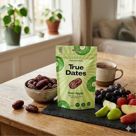 True Dates Sour Apple Flavoured Dates pouch on wooden surface, styled with fresh fruit, grapes, and a warm drink nearby