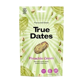 True Dates Pistachio Cream Flavoured Dates in green resealable pouch, decorated with pistachio and date illustrations