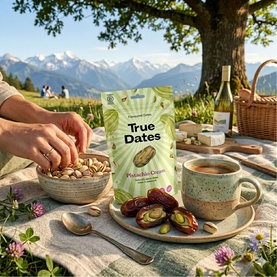 True Dates Pistachio Cream Flavoured Dates bag displayed at an outdoor picnic with dates, pistachios, and coffee, alpine scenery behind.