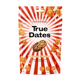True Dates Caramel Popcorn Flavoured Dates in red and white striped resealable pouch